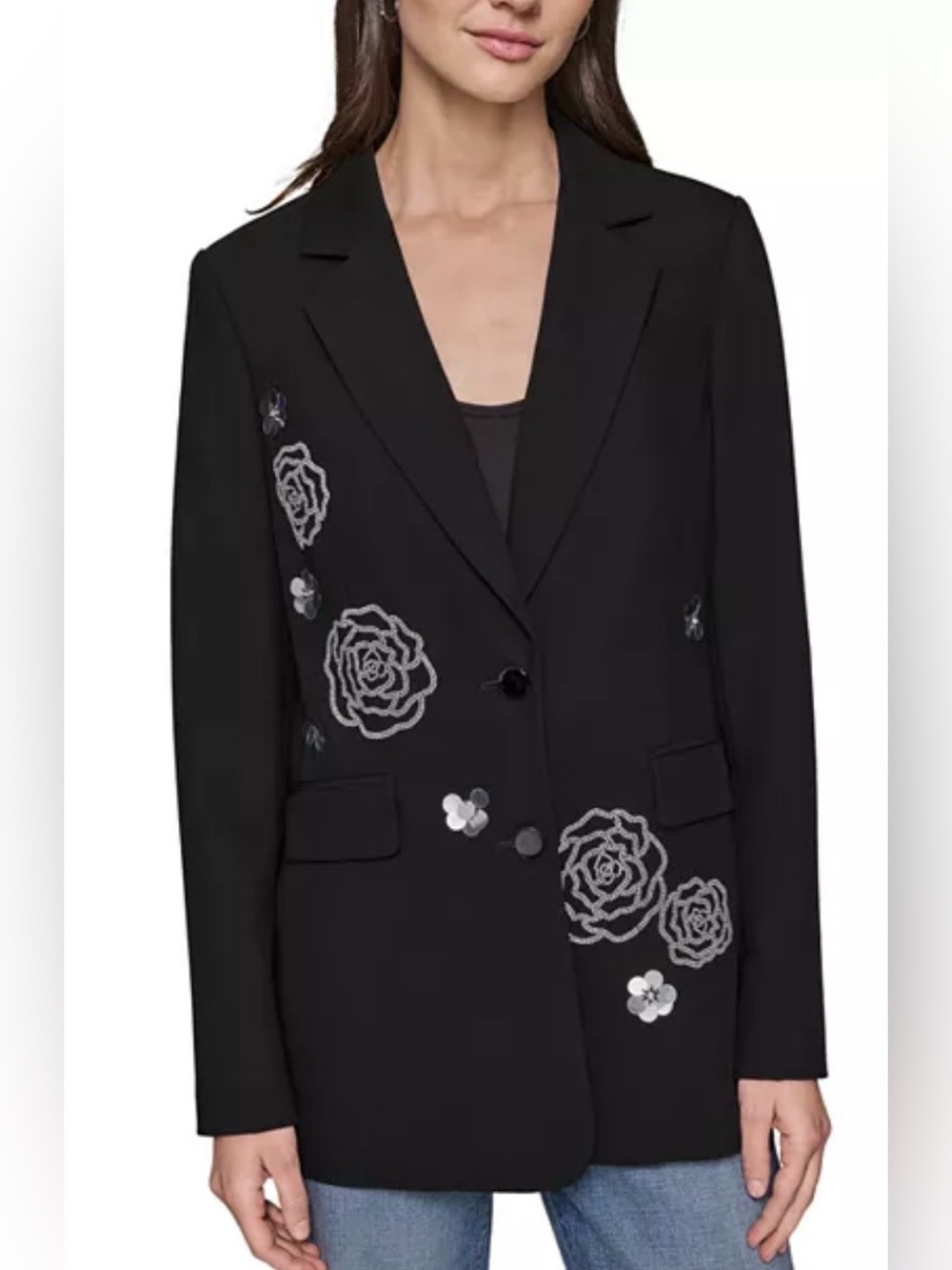 Karl Lagerfeld Paris Rose Rhinestone Blazer NWOT Black Size 8 - Picture 2 of 14